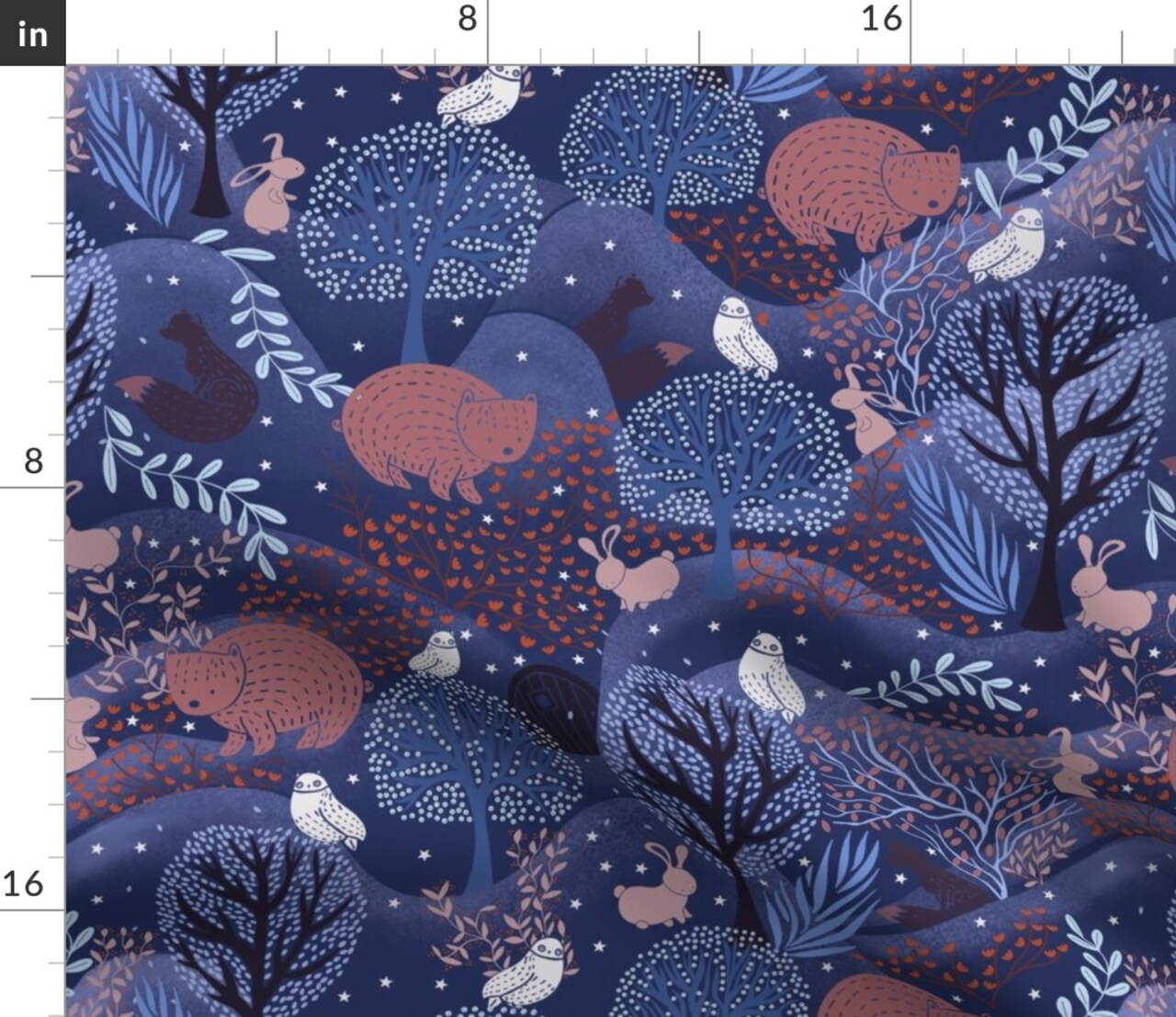 Dark Magical Forest Woodland Creatures Wild Animals Blue Pink White Whimsical Night Sky Custom Printed Fabric by Spoonflower Various Fabrics by the Yard or Fat Quarter